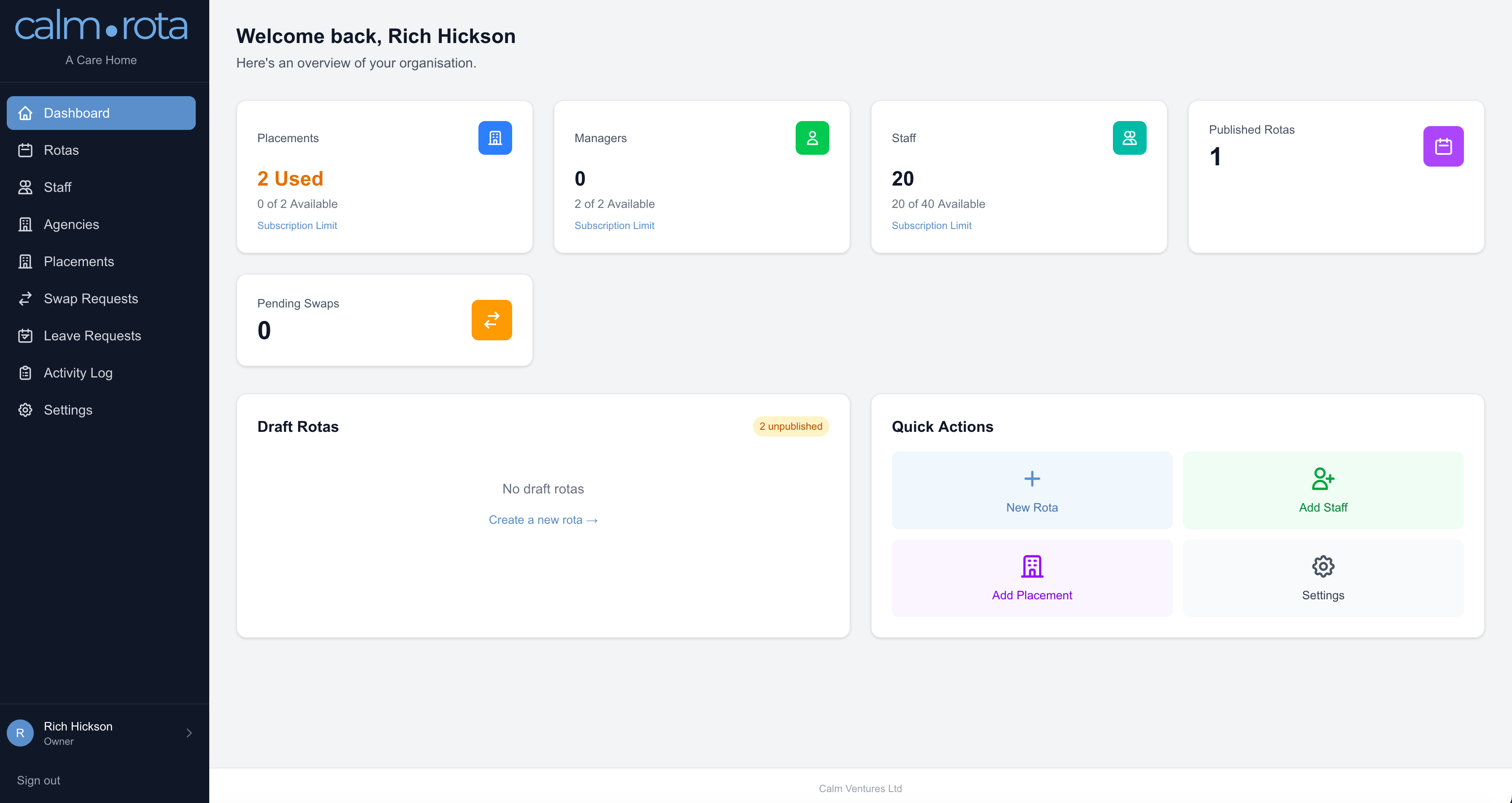 CalmRota app dashboard